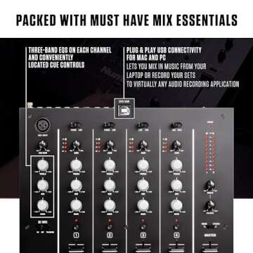 Numark M6 USB - 4-Channel DJ Mixer with Built-In Audio Interface, 3-Band EQ, Microphone Input and Replaceable Crossfader with Slope Control,Silver/Black