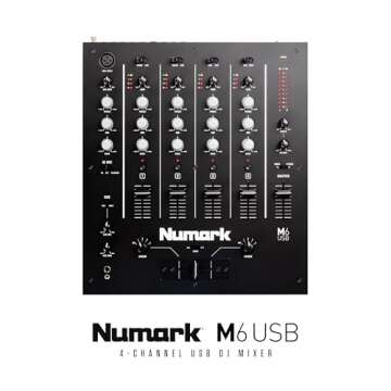 Numark M6 USB - 4-Channel DJ Mixer with Built-In Audio Interface, 3-Band EQ, Microphone Input and Replaceable Crossfader with Slope Control,Silver/Black