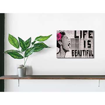 Wieco Art Banksy Life is Beautiful Modern Gallery Wrapped Giclee Canvas Prints Artwork Grey Love Abs...