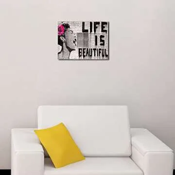 Wieco Art Banksy Life is Beautiful Modern Gallery Wrapped Giclee Canvas Prints Artwork Grey Love Abstract Pictures Paintings on Canvas Wall Art Ready to Hang for Bedroom Home Office Decorations