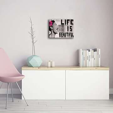 Wieco Art Banksy Life is Beautiful Modern Gallery Wrapped Giclee Canvas Prints Artwork Grey Love Abstract Pictures Paintings on Canvas Wall Art Ready to Hang for Bedroom Home Office Decorations