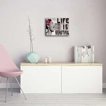 Wieco Art Banksy Life is Beautiful Modern Gallery Wrapped Giclee Canvas Prints Artwork Grey Love Abstract Pictures Paintings on Canvas Wall Art Ready to Hang for Bedroom Home Office Decorations