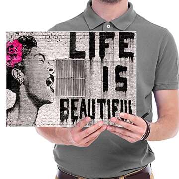 Wieco Art Banksy Life is Beautiful Modern Gallery Wrapped Giclee Canvas Prints Artwork Grey Love Abstract Pictures Paintings on Canvas Wall Art Ready to Hang for Bedroom Home Office Decorations