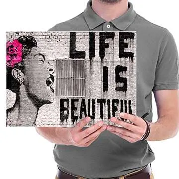 Wieco Art Banksy Life is Beautiful Modern Gallery Wrapped Giclee Canvas Prints Artwork Grey Love Abstract Pictures Paintings on Canvas Wall Art Ready to Hang for Bedroom Home Office Decorations