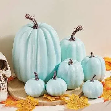 Lucakuins 7Pcs Artificial Pumpkins Fall Decoration Assorted Faux Pumpkin Cute Foam Pumpkins for Home Outside Halloween Decorating (Blue1, One Size)