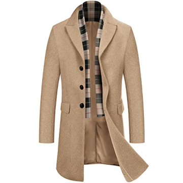 COOFANDY Men's Woolen Peacoat with Scarf - XL Khaki Winter Coat