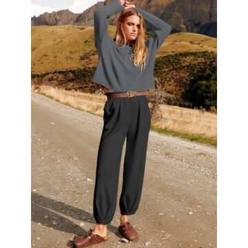 ANRABESS Women's Two Piece Outfits Long Sleeve Knit Top Fall Sweater Set Oversized Pants Tracksuit Lounge Sets Black&Grey XX-Large