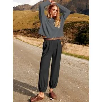 ANRABESS Women's Two Piece Outfits Long Sleeve Knit Top Fall Sweater Set Oversized Pants Tracksuit Lounge Sets Black&Grey XX-Large