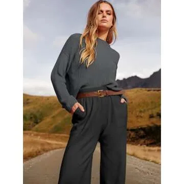 ANRABESS Women's Two Piece Outfits Long Sleeve Knit Top Fall Sweater Set Oversized Pants Tracksuit Lounge Sets Black&Grey XX-Large