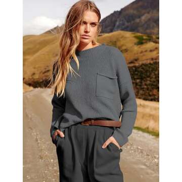 ANRABESS Women's Two Piece Outfits Long Sleeve Knit Top Fall Sweater Set Oversized Pants Tracksuit Lounge Sets Black&Grey XX-Large