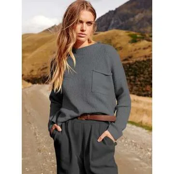 ANRABESS Women's Two Piece Outfits Long Sleeve Knit Top Fall Sweater Set Oversized Pants Tracksuit Lounge Sets Black&Grey XX-Large