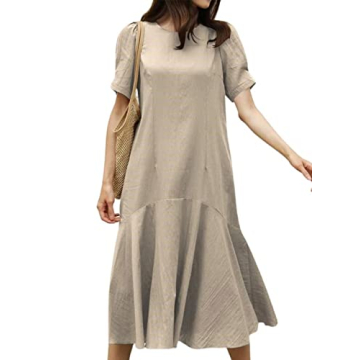 utcoco Midi Dresses for Women Crewneck Puff Sleeve Ruffle Hem Summer Casual Cotton Linen Dress (Larg...
