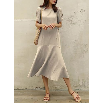 utcoco Midi Dresses for Women Crewneck Puff Sleeve Ruffle Hem Summer Casual Cotton Linen Dress (Large, Khaki)