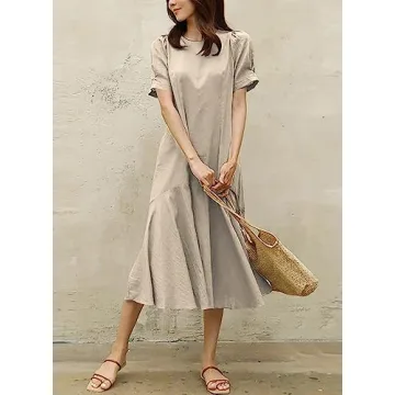 utcoco Midi Dresses for Women Crewneck Puff Sleeve Ruffle Hem Summer Casual Cotton Linen Dress (Large, Khaki)