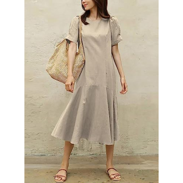 utcoco Midi Dresses for Women Crewneck Puff Sleeve Ruffle Hem Summer Casual Cotton Linen Dress (Large, Khaki)