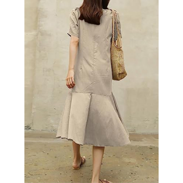 utcoco Midi Dresses for Women Crewneck Puff Sleeve Ruffle Hem Summer Casual Cotton Linen Dress (Large, Khaki)