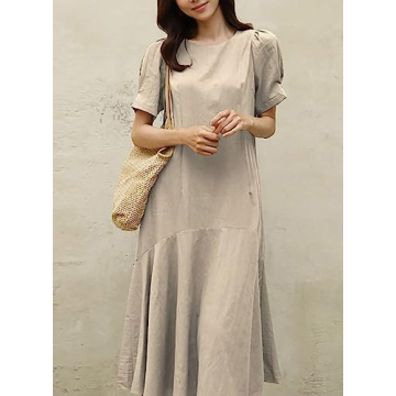utcoco Midi Dresses for Women Crewneck Puff Sleeve Ruffle Hem Summer Casual Cotton Linen Dress (Large, Khaki)