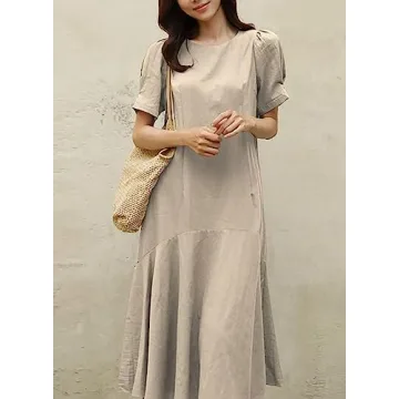 utcoco Midi Dresses for Women Crewneck Puff Sleeve Ruffle Hem Summer Casual Cotton Linen Dress (Large, Khaki)