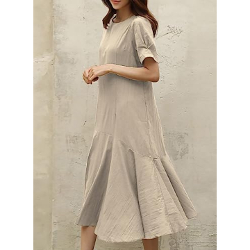 utcoco Midi Dresses for Women Crewneck Puff Sleeve Ruffle Hem Summer Casual Cotton Linen Dress (Large, Khaki)