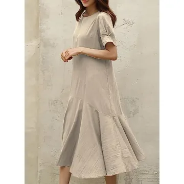 utcoco Midi Dresses for Women Crewneck Puff Sleeve Ruffle Hem Summer Casual Cotton Linen Dress (Large, Khaki)