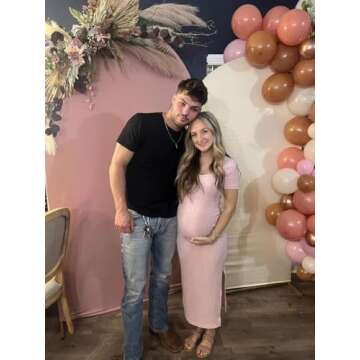 LAHILO V Neck Short Sleeve Side Ruch Knit Ribbed Maternity Bodycon Dress for Baby Shower & Summer We...