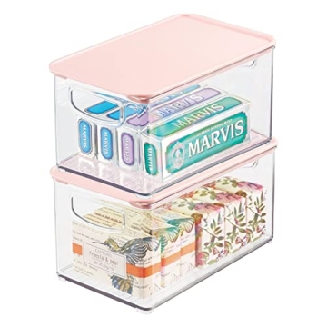 mDesign Deep Plastic Bathroom Storage Bin Box, Lid/Built-in Handles, Organization for Makeup, Hair Styling Tools, Toiletry Accessories in Cabinet, Shelves, Ligne Collection, 2 Pack, Clear/Pink