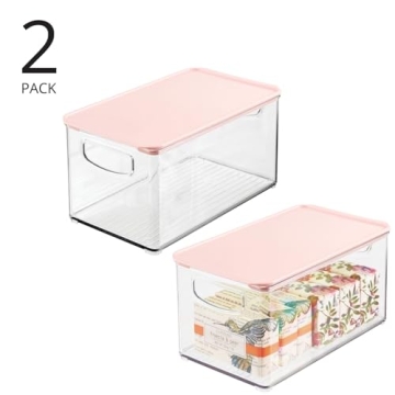 mDesign Deep Plastic Bathroom Storage Bin Box, Lid/Built-in Handles, Organization for Makeup, Hair Styling Tools, Toiletry Accessories in Cabinet, Shelves, Ligne Collection, 2 Pack, Clear/Pink