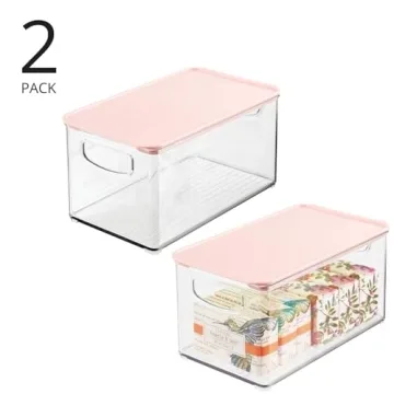 mDesign Deep Plastic Bathroom Storage Bin Box, Lid/Built-in Handles, Organization for Makeup, Hair Styling Tools, Toiletry Accessories in Cabinet, Shelves, Ligne Collection, 2 Pack, Clear/Pink