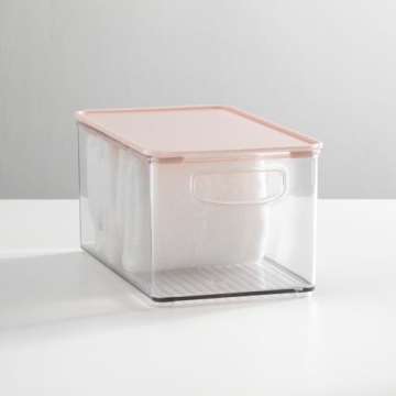 mDesign Deep Plastic Bathroom Storage Bin Box, Lid/Built-in Handles, Organization for Makeup, Hair Styling Tools, Toiletry Accessories in Cabinet, Shelves, Ligne Collection, 2 Pack, Clear/Pink