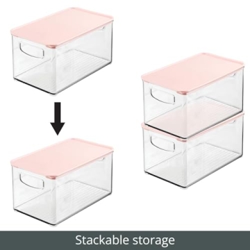 mDesign Deep Plastic Bathroom Storage Bin Box, Lid/Built-in Handles, Organization for Makeup, Hair Styling Tools, Toiletry Accessories in Cabinet, Shelves, Ligne Collection, 2 Pack, Clear/Pink