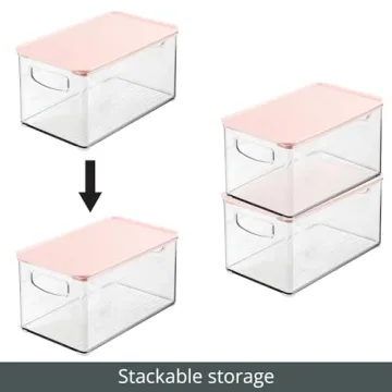 mDesign Deep Plastic Bathroom Storage Bin Box, Lid/Built-in Handles, Organization for Makeup, Hair Styling Tools, Toiletry Accessories in Cabinet, Shelves, Ligne Collection, 2 Pack, Clear/Pink