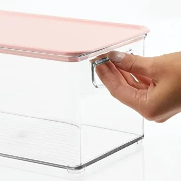 mDesign Deep Plastic Bathroom Storage Bin Box, Lid/Built-in Handles, Organization for Makeup, Hair Styling Tools, Toiletry Accessories in Cabinet, Shelves, Ligne Collection, 2 Pack, Clear/Pink
