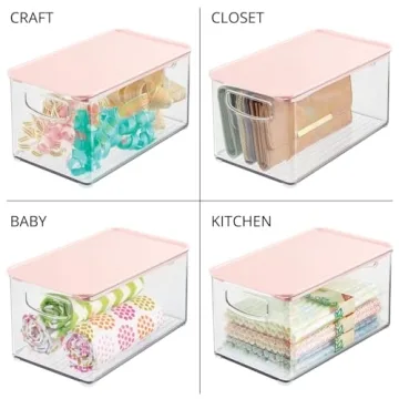 mDesign Deep Plastic Bathroom Storage Bin Box, Lid/Built-in Handles, Organization for Makeup, Hair Styling Tools, Toiletry Accessories in Cabinet, Shelves, Ligne Collection, 2 Pack, Clear/Pink