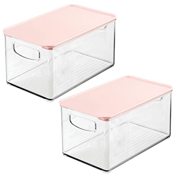 mDesign Deep Plastic Bathroom Storage Bin Box, Lid/Built-in Handles, Organization for Makeup, Hair Styling Tools, Toiletry Accessories in Cabinet, Shelves, Ligne Collection, 2 Pack, Clear/Pink