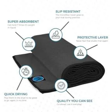Youphoria Yoga Microfiber Non-Slip Towel - Hot Yoga Mat Towel for Enhanced Grip and Sweat Absorption - Black with Black Stitching