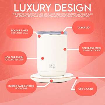 OZTANCE Temperature Control Smart Coffee Mug with Lid - Self Stirring Coffee Mug, Heated Coffee Mug Warmer Set for Desk Home Office 10oz, White