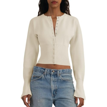 Saodimallsu Womens Cropped Sweaters Button Down Long Sleeve V Neck Ribbed Knit Slim Fit Pullover Crop Tops Beige