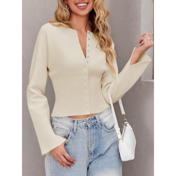 Saodimallsu Womens Cropped Sweaters Button Down Long Sleeve V Neck Ribbed Knit Slim Fit Pullover Crop Tops Beige