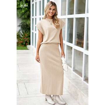 Pink Queen Women Spring Skirt Outfits Cap Sleeve Sweater Tops Ribbed Bodycon Knit Date Night Maxi Dr...