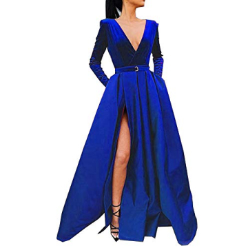 Elegant XIMILU Women's High Split Long Evening Gown Deep V Neck Prom Dress in Royal Blue