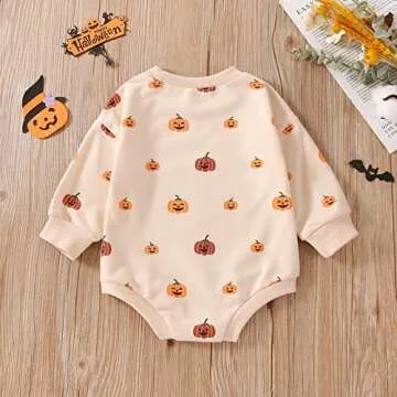 FYBITBO Halloween Baby Girl Boy Clothes Pumpkin Romper Sweatshirt Onesie Long Sleeve Bodysuit Top Fall Winter Outfit (Halloween Romper,3-6 Months)