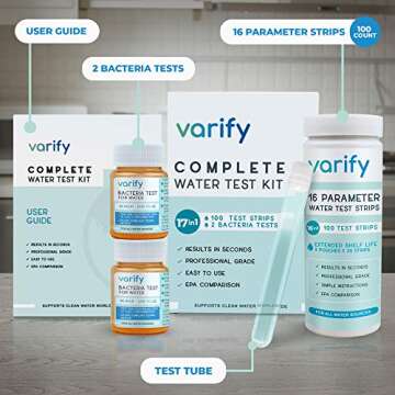 Varify 17 in 1 Complete Drinking Water Test Kit - 100 Strips + 2 Bacteria Tester Kits - Well, Tap, H...