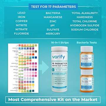 Varify 17 in 1 Complete Drinking Water Test Kit - 100 Strips + 2 Bacteria Tester Kits - Well, Tap, Home, City Water Testing Strip for Lead, Alkaline, Chlorine, Hardness, Iron, Fluoride, Copper & More
