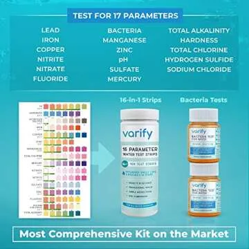 Varify 17 in 1 Complete Drinking Water Test Kit - 100 Strips + 2 Bacteria Tester Kits - Well, Tap, Home, City Water Testing Strip for Lead, Alkaline, Chlorine, Hardness, Iron, Fluoride, Copper & More