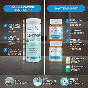Varify 17 in 1 Complete Drinking Water Test Kit - 100 Strips + 2 Bacteria Tester Kits - Well, Tap, Home, City Water Testing Strip for Lead, Alkaline, Chlorine, Hardness, Iron, Fluoride, Copper & More