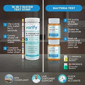 Varify 17 in 1 Complete Drinking Water Test Kit - 100 Strips + 2 Bacteria Tester Kits - Well, Tap, Home, City Water Testing Strip for Lead, Alkaline, Chlorine, Hardness, Iron, Fluoride, Copper & More