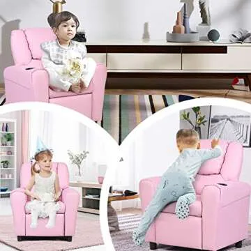 Costzon Kids Recliner Chair with Cup Holder, Toddler Room Furniture Children Armrest Sofa w/Headrest & Footrest for Girls Boys Baby Bedroom, PU Leather Couch (Pink)
