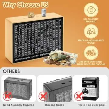 Cash Vault Wooden Money Box，Wooden Money Box with 8 Saving Targets，One Piece Cash Vault Wooden Savings Box Coin Money Savings Box with Counter ，Gift for Adults Kids Boys Girl (Wood Color)