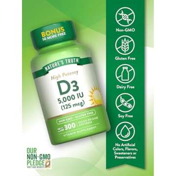 Nature's Truth Vitamin D3 5000 IU (125 mcg) | 300 Softgels | High Potency Vitamin D | Non-GMO and Gluten Free Supplement