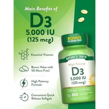Nature's Truth Vitamin D3 5000 IU (125 mcg) | 300 Softgels | High Potency Vitamin D | Non-GMO and Gluten Free Supplement
